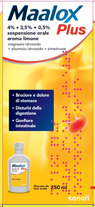 Maalox plus 4% + 3,5% + 0,5% sospensione orale aroma limone magnesio idrossido + alluminio idrossido + simeticone