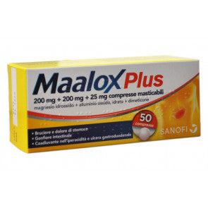 Maalox plus 200 mg + 200 mg + 25 mg compresse masticabili magnesio idrossido + alluminio ossido, idrato + dimeticone