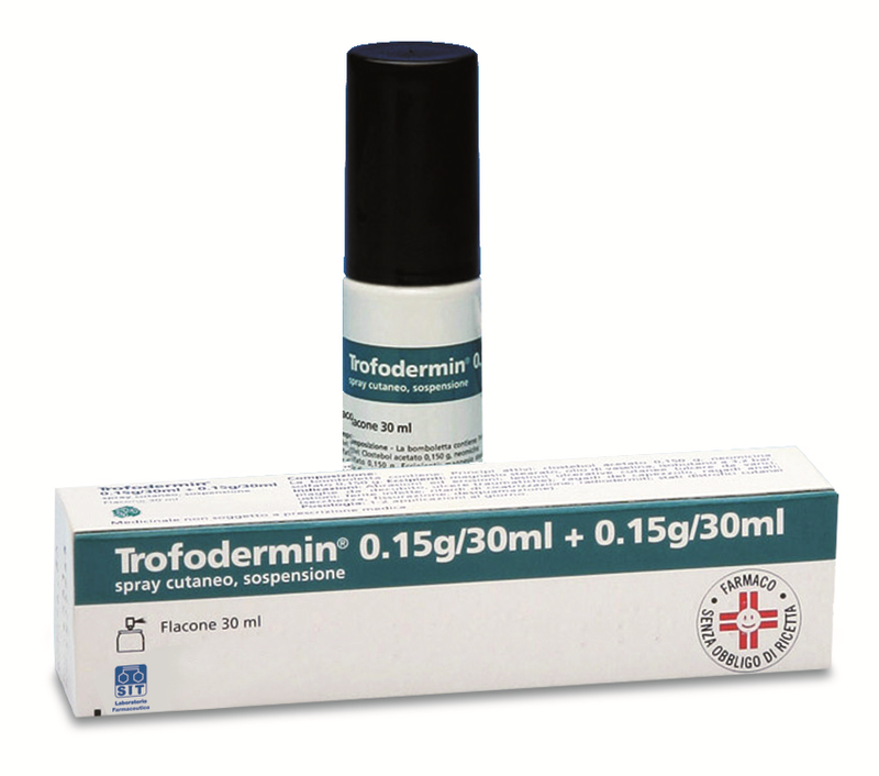 Trofodermin 5 mg/ml + 5 mg/ml spray cutaneo, sospensione clostebol acetato + neomicina solfato