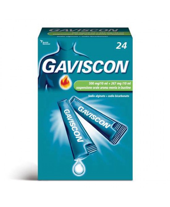 Gaviscon "500 mg/10 ml + 267 mg/10 ml sospensione orale aroma menta"24 bustine monodose da 10 ml"