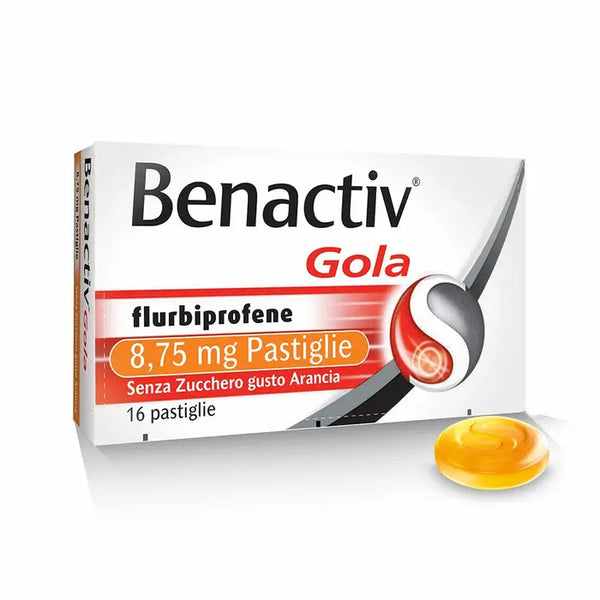 Benactiv Gola 8,75mg Flurbiprofene Pastiglie Senza Zucchero Gusto Arancia Trattamento di Stati Infiammatori del Cavo Orofaringeo, 16 Pastiglie