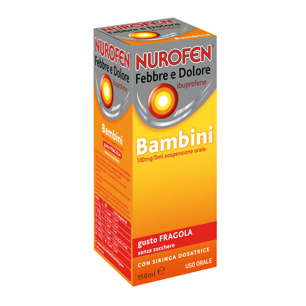 Nurofen fever children 100 mg/5 ml oral suspension strawberry flavour sugar free 150 ml bottle with dosing syringe