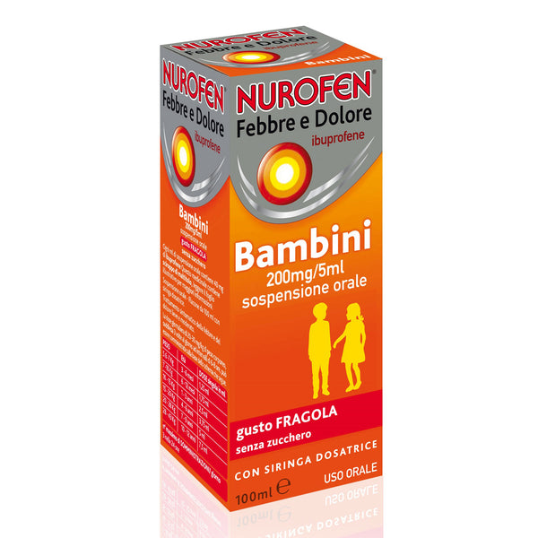 Nurofen fiebre d 200 mg/5 ml suspensión oral sabor fresa sin azúcar frasco 100 ml con jeringa dosificadora