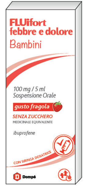 Fluifort febbre e dolore bambini 100mg/5ml sospensione orale gusto fragola senza zucchero ibuprofene medicinale equivalente