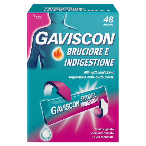 Gaviscon bruciore e indigestione 500mg/213mg/325mg sospensione orale gusto menta sodio alginato/sodio bicarbonato/calcio carbonato