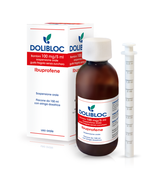 Dolibloc bambini 100mg/5ml sospensione orale gusto fragola senza zucchero 1 flacone in pet 150ml con siringa dosatrice in pe