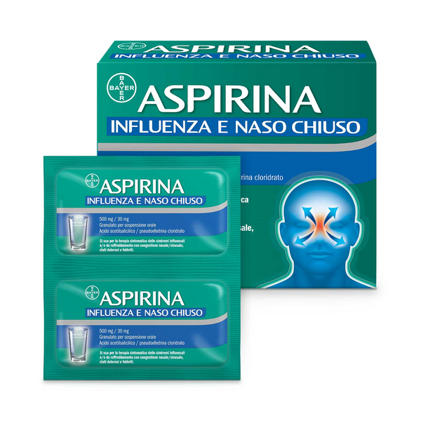 Aspirina influenza e naso chiuso 500 mg / 30 mg granulato per sospensione orale acido acetilsalicilico 500 mg, pseudoefedrina cloridrato 30mg