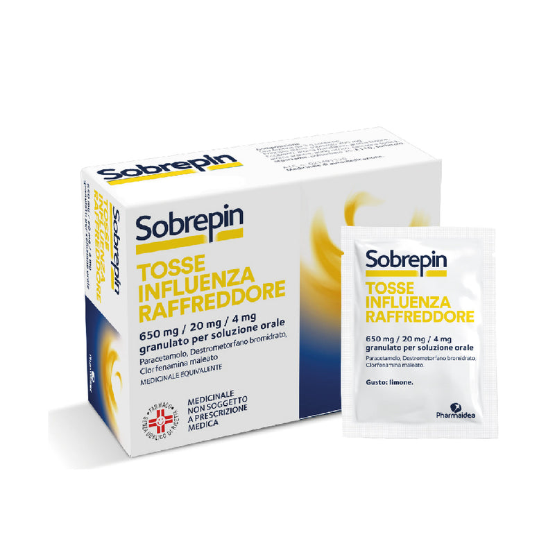 Sobrepin tosse influenza raffreddore 650 mg/20 mg/4 mg granulato per soluzione orale paracetamolo/destrometorfano bromidrato /clorfenamina maleato