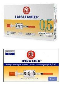 Pic jeringa de insulina insumida 0,5 ml 100 UI aguja calibre 29 longitud 12,7 mm sin espacio muerto 3 bolsas de 10 piezas