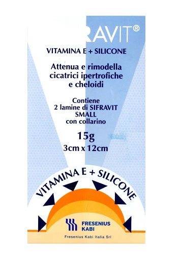 Placa de silicona y vitamina e sifravit, dimensiones 3x12cm. indicado en el tratamiento de queloides y cicatrices hipertróficas resultantes de operaciones quirúrgicas, quemaduras y heridas