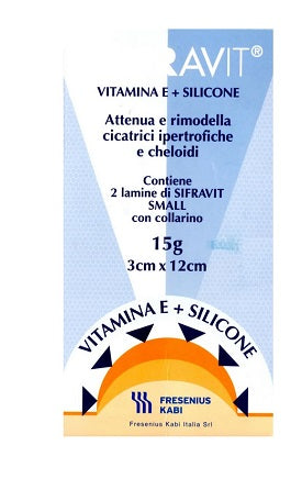 Placa de silicona y vitamina e sifravit, dimensiones 3x12cm. indicado en el tratamiento de queloides y cicatrices hipertróficas resultantes de intervenciones quirúrgicas, quemaduras y heridas