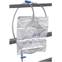 Sacca drenaggio urinario a circuito chiuso capacita' 2000ml con camera di gocciolamento doppio filtro aria fascetta con per fissaggio al letto strigitubo e fermatubo al lenzuolo