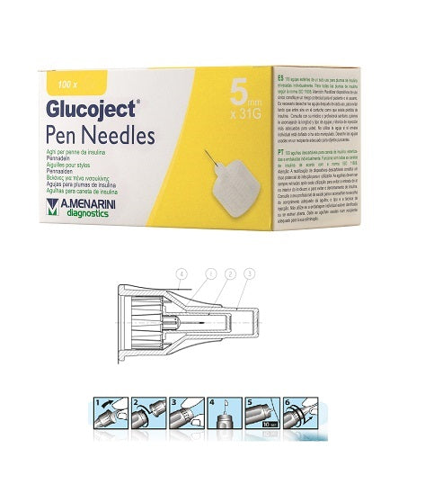 Pluma de insulina Glucoject aguja longitud 5 mm calibre 31 100 piezas