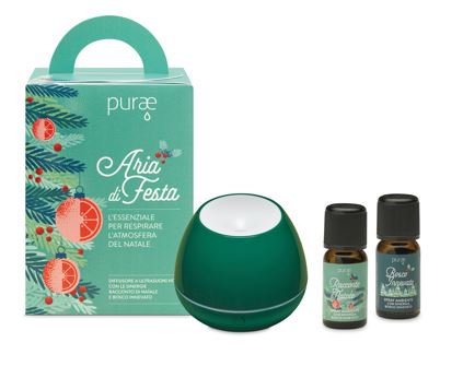 Purae kit aria di festa diffusore ultrasuoni bosco verde + sinergie 5 ml