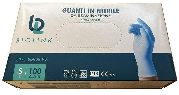 Guanto monouso bl-gunit in nitrile blu non sterile senza polvere con bordo ambidestro misura small 100 pezzi