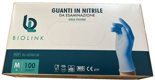 Guanto monouso bl-gunit in nitrile blu non sterile senza polvere con bordo ambidestro misura medium 100 pezzi