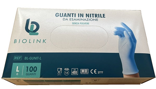 Guanto monouso bl-gunit in nitrile blu non sterile senza polvere con bordo ambidestro misura large 100 pezzi