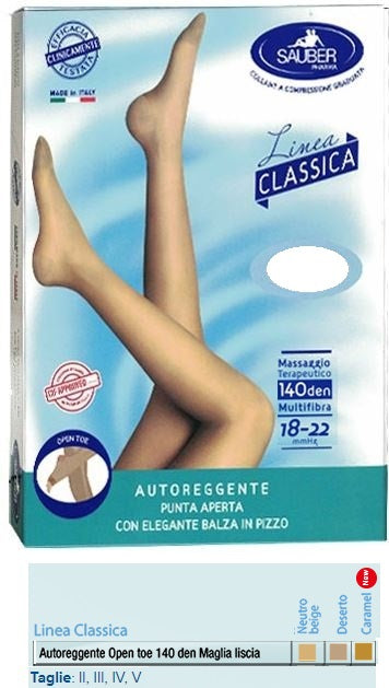 Sauber autoreggente open toe maglia liscia 140 den colore neutro beige taglia 4 linea classica