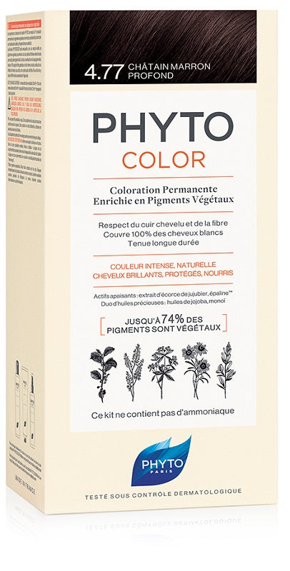 Phytocolor 4.77 castaño intenso marrón leche + crema + mascarilla + 1 par de guantes