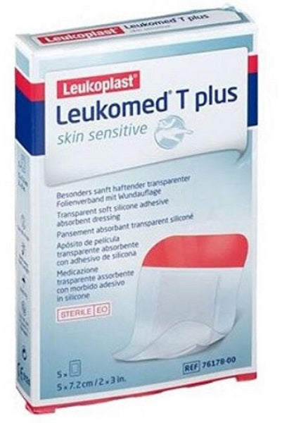 Leukomed t plus skin sensitive medicazione post-operatoria trasparente impermeabile con massa adesiva al silicone 5x7,2cm 5 pezzi