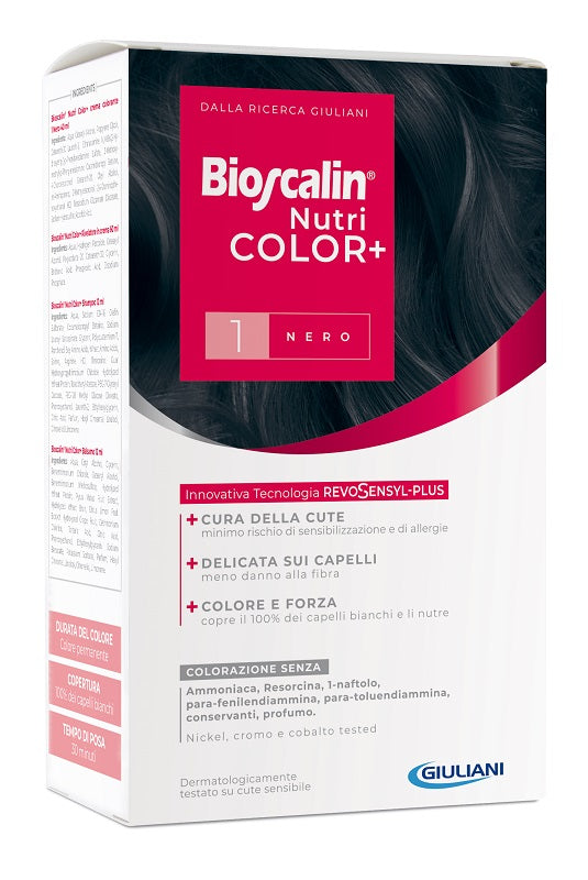 Bioscalin nutricolor plus 1 black coloring cream 40 ml + developer cream 60 ml + shampoo 12 ml + final treatment conditioner 12 ml