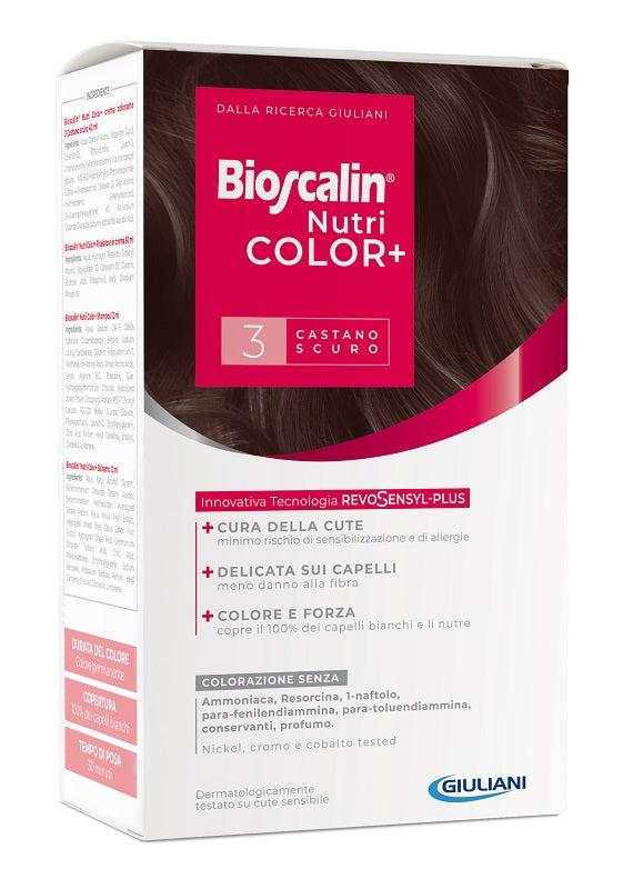 Bioscalin nutricolor plus 3 dark brown colouring cream 40 ml + cream developer 60 ml + shampoo 12 ml + final treatment conditioner 12 ml