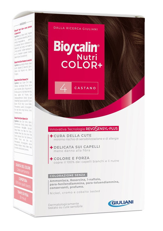 Bioscalin nutricolor plus 4 brown colouring cream 40 ml + cream developer 60 ml + shampoo 12 ml + final treatment conditioner 12 ml