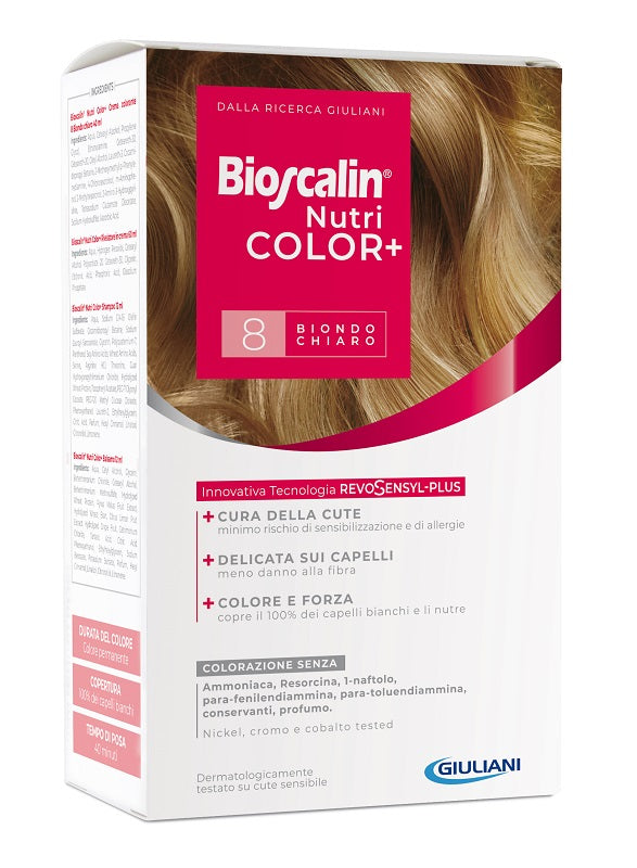 Bioscalin nutricolor plus 8 light blonde colouring cream 40 ml + cream developer 60 ml + shampoo 12 ml + final treatment conditioner 12 ml