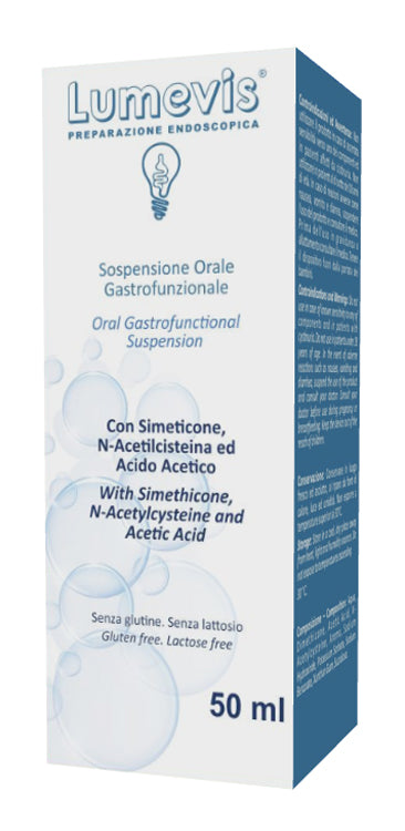 Lumevis sospensione orale monouso a base di simeticone n-acetilcisteina e acido acetico da utilizzare in preparazione di esami clinici ambito gastroscopico 50 ml