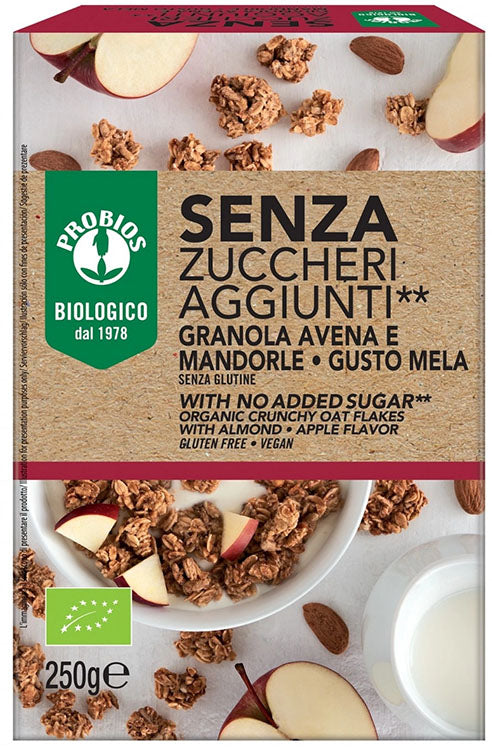 Probios granola senza zuccheri aggiunti avena e mandorla e mela senza glutine 250 g