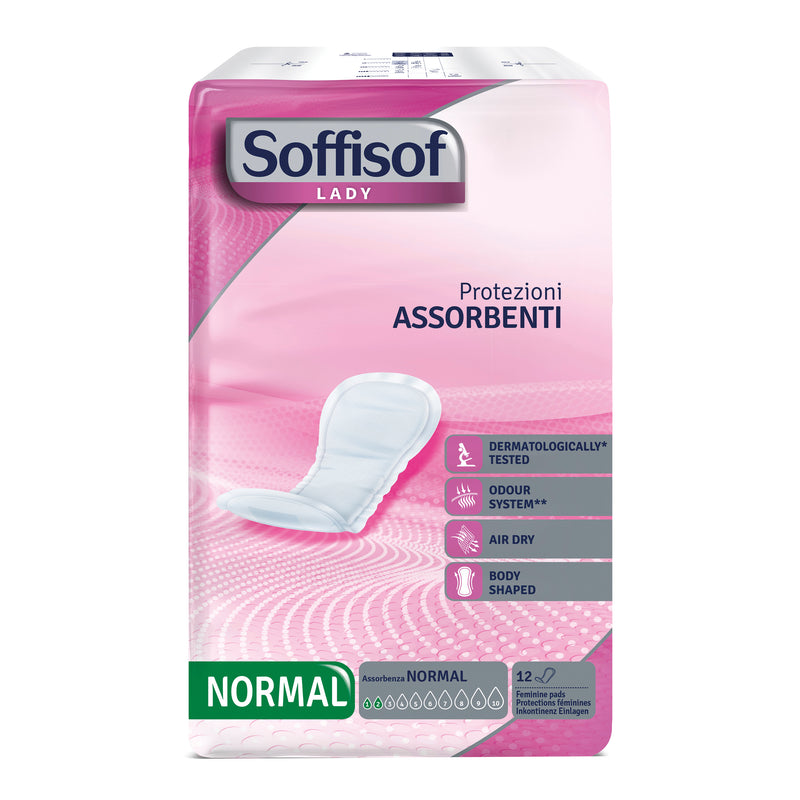 Pannolone per incontinenza con protezioni discrete morbide e anatomiche con nucleo super assorbente e uno speciale filtrante esterno traspirante soffisof lady normale 12 pezzi