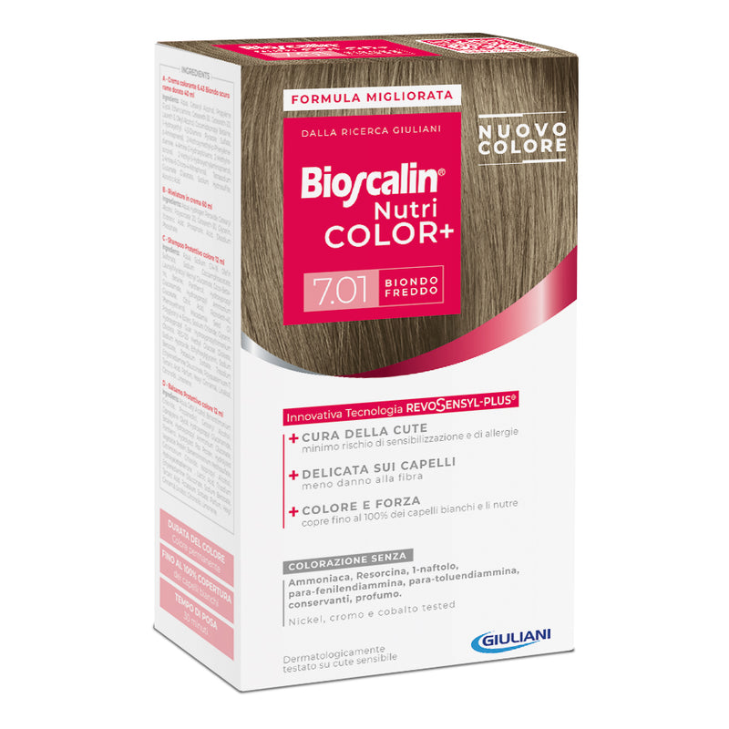 Bioscalin nutri color+ 7,01 biondo freddo crema colorante 40 ml + rivelatore crema 60 ml + shampoo 12 ml + balsamo 12 ml + guanti usa e getta