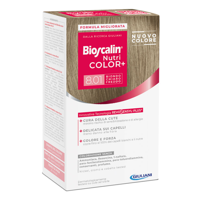 Bioscalin nutri color+ 8.01 light blonde cold colouring cream 40 ml + developer cream 60 ml + shampoo 12 ml + conditioner 12 ml + disposable gloves