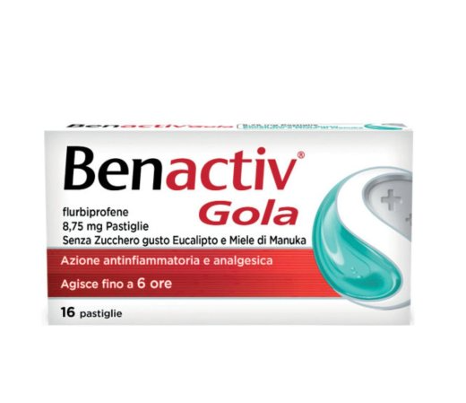 Benactiv Gola Pastiglie per Infiammazione del Cavo Orofaringeo Flurbiprofene 8,75mg gusto eucalipto e miele di manuka senza zucchero - 16 pastiglie