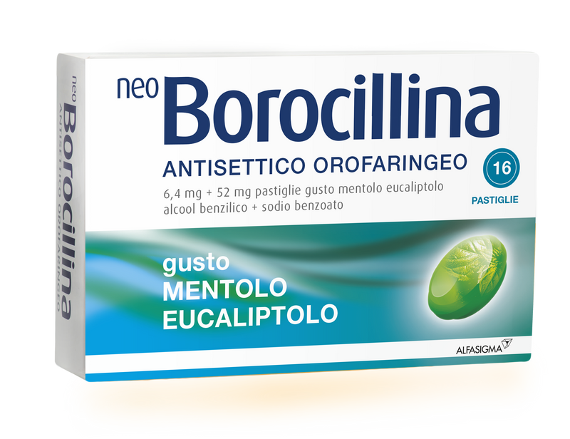 NeoBOROCILLINA - Antiséptico orofaríngeo - Tabletas desinfectantes sabor mentol y eucaliptol 16 tabletas