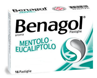 Benagol 1,2 mg + 0,6 mg + 8 mg pastiglie gusto mentolo-eucaliptolo  2,4-diclorobenzil alcool + amilmetacresolo + mentolo