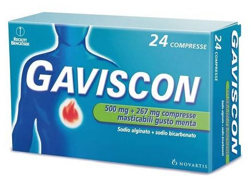 Gaviscon 500 mg + 267 mg compresse masticabili gusto menta  sodio alginato + sodio bicarbonato