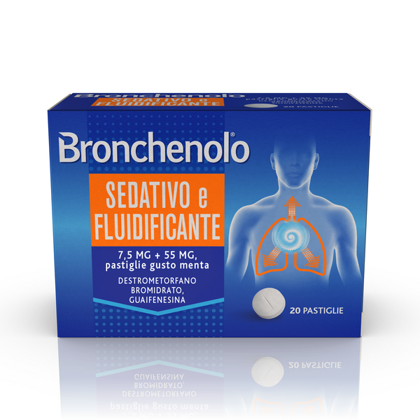 Bronchenolo sedativo e fluidificante, 7,5 mg + 55 mg, pastiglie gusto menta destrometorfano bromidrato, guaifenesina