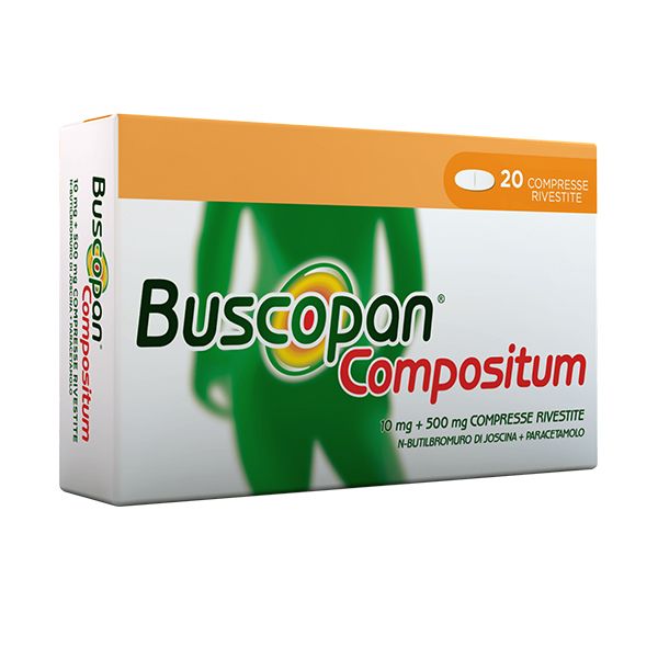 Buscopan compositum 10 mg + 500 mg compresse rivestite  n-butilbromuro di joscina + paracetamolo