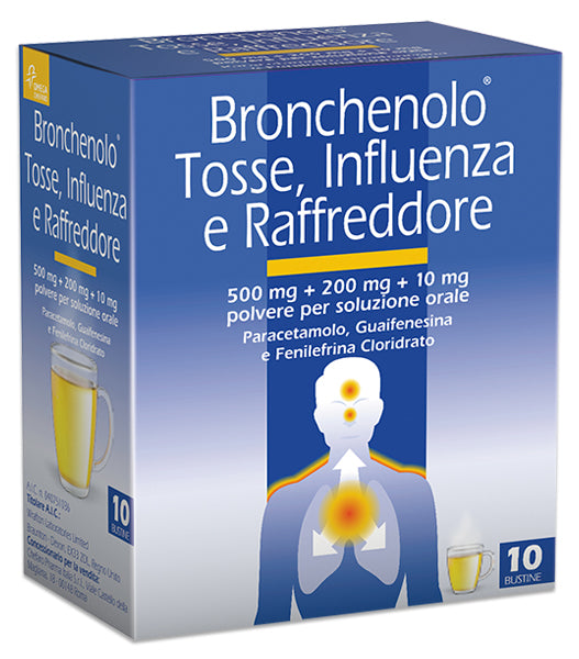 Bronchenolo tosse, influenza e raffreddore 500 mg+200 mg+10 mg polvere per soluzione orale paracetamolo, guaifenesina e fenilefrina cloridrato