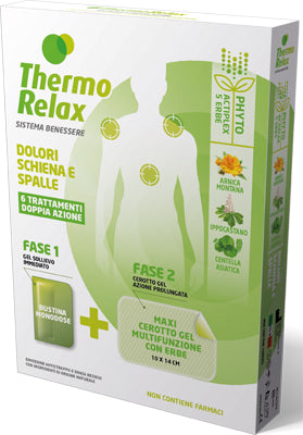 Thermorelax phyto gel dolori schiena e spalle fase 1 gel sollievo immediato e fase 2 maxi cerotto gel multifunzionale con erbe 6 pezzi