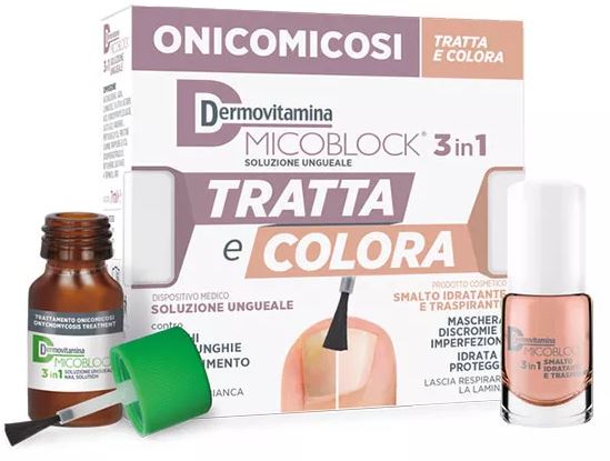 Dermovitamina micoblock 3 in 1 tratta e colora soluzione ungueale 7 ml + smalto idratante traspirante 5 ml