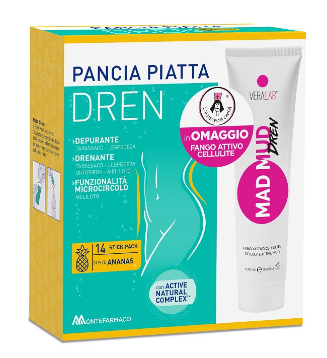 Pancia piatta dren ananas 14 bustine stick pack + fango attivo cellulite 100 ml omaggio