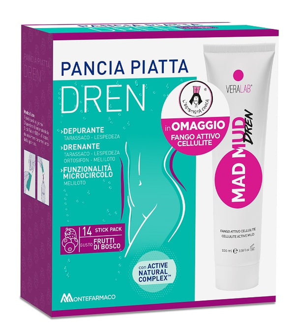 Pancia piatta dren frutti di bosco 14 bustine stick pack + fango attivo cellulite 100 ml omaggio