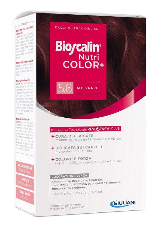 Bioscalin nutricolor plus 5,6 mogano crema colorante 40 ml + rivelatore crema 60 ml + shampoo 12 ml + trattamento finale balsamo 12 ml
