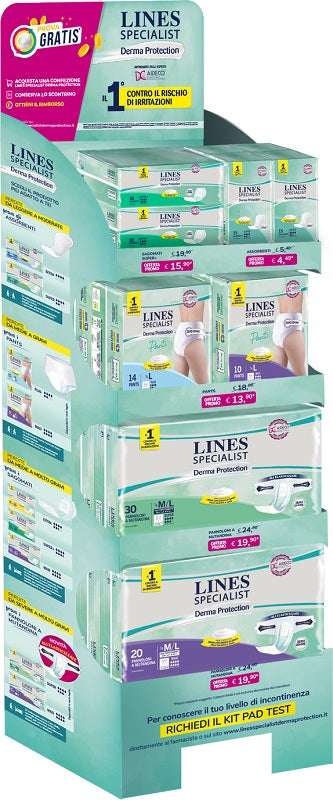 Lines specialist derm mix espositore 2 lines derma sagomato super 30 pezzi + 4 lines derma super 15 pezzi + 2 lines derma pants plus l 14 pezzi + 1 lines derma pants plus m + note