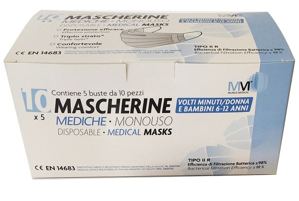 Mascherina chirurgica monouso munus medical tipo iir taglia slim volti minuti donna e bambini 6-12 anni 5 buste da 10 mascherine